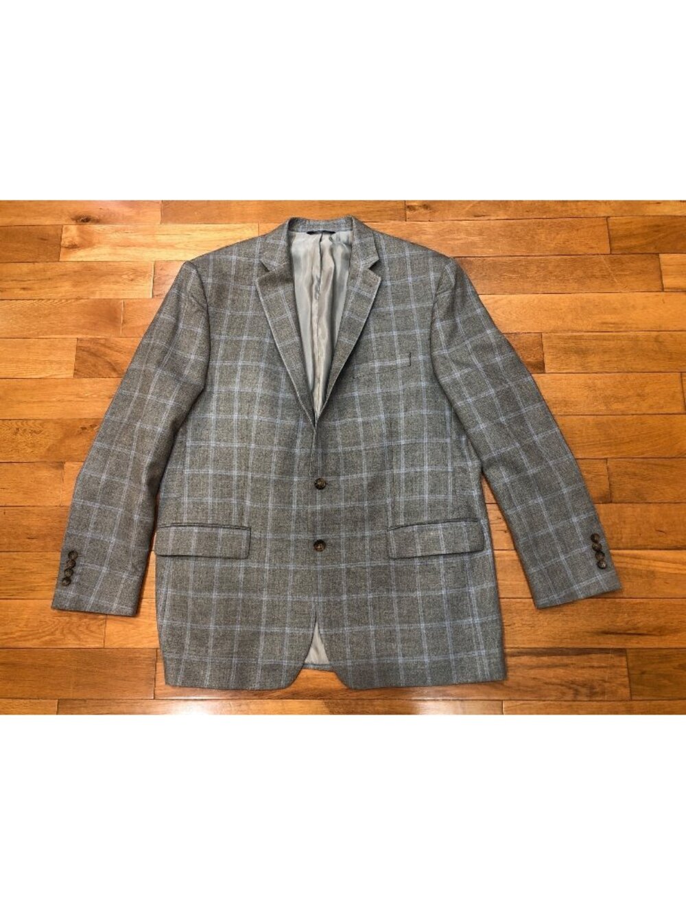 Ralph Lauren Silk Wool Blazer Jacket 46L Gray Blue Plaid Made in Canada Vintage